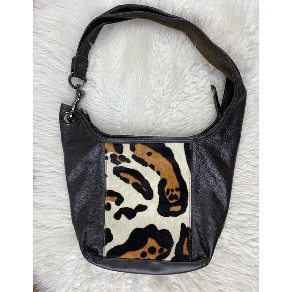 Innue Women's Black Pebbled Leather Animal Print Hobo Shoulder Bag Made in Italy - Picture 1 of 9